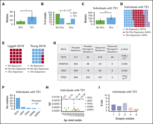 Individuals with DS exhibit CH. Panels A and B are from the initial cohort of disomic and trisomic samples; panels C-I are from the larger validation cohort of individuals with T21. (A) Number of discovered variants per person separated by genotype into disomic (D21) and trisomic (T21) samples. (B) Percent of individuals of each genotype that contain only clonal expansions without identified oncogenic mutations (No Onc) or contain clonal expansions that carry oncogenic mutations (Onc). (C) Total number of mutations per sample for individuals with T21 that contain no detected oncogenic mutations or contain at least 1 detected oncogenic mutation (but all have CH). (D) Within the cohort with T21, individuals are categorized as having no detectable CH (blue), detectable expansions (CH) without the presence of oncogenic mutations (red), or detectable CH with at least 1 oncogenic mutation (purple). (E) Independent error-corrected amplicon sequencing shows similar patterns of observed mutations for typical individuals. In the Young et al9 study, the median VAF for the rarest mutation was 0.0044 (range, 0.0007-0.0395); in the Liggett et al7 study, the median VAF for the rarest mutation was 0.0011 (range, 0.0002-0.0072). For the Young et al9 study, median age was 68 years (range, 63-76 years); for the Liggett et al7 study, the median age was 54 years (range, 0-89 years). (F) The number of oncogenic mutations detected within the trisomic cohort for the top 5 most commonly mutated genes. (G) To estimate the over- or underrepresentation of observed oncogenic mutations, the ratio of probed oncogenic mutations to the entire probed region for a gene was compared with the ratio of observed oncogenic mutations to all observed mutations (Fisher’s exact test). (H) VAF of discovered oncogenic variants. The x-axis shows equally spaced age-ranked individuals from youngest to oldest (left to right), with brackets distinguishing ages in 5-year increments. (I) For those individuals with T21, some showed multiple putative clonal expansions. The x-axis indicates the number of expansions per individual. *P < .05; ***P < .001.