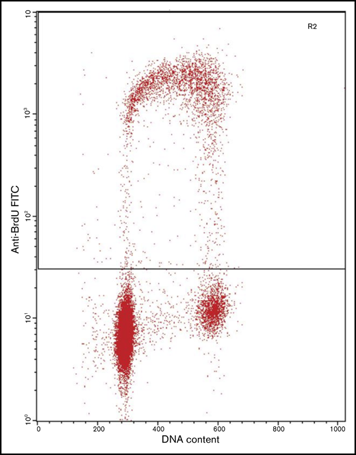 Flow cytometric analysis of a cell culture immunolabeled after incorporation of BrdU, showing strong positivity in the cells in S phase. BrdU staining intensity is plotted against DNA content as determined by PI staining intensity. The cell population in the lower left corner represents cells with 2n DNA (G0 and G1 phases of the cell cycle). Cells with 4n DNA (G2 and M phases of the cell cycle) are observed in the lower right corner. Cells with 2n and 4n DNA are negative for BrdU staining, whereas cells in the S phase of the cell cycle (in between cell populations with 2n and 4n DNA) are positive for BrdU staining. FITC, fluorescein isothiocyanate. Provided by Bert Schutte, Department of Molecular Cell Biology, Maastricht University Medical Centre.