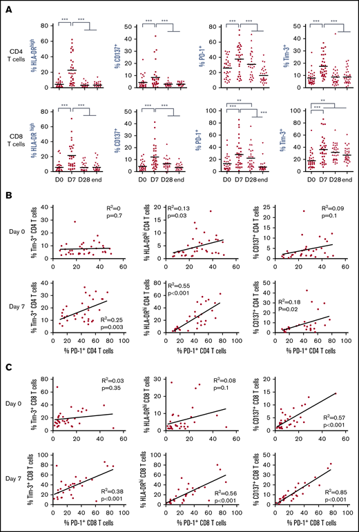Lenalidomide activates FL patient T cells in vivo. (A) Expression of HLA-DR, CD137, PD-1, and Tim-3 by circulating CD4 and CD8 T cells measured by flow cytometry at the indicated time points. D0, first day of the first cycle of treatment (before lenalidomide intake); D7, seventh day of the first cycle (before obinutuzumab infusion); D28, first day of the second cycle (before lenalidomide intake); end, end of induction. Median values are depicted as red lines. **P < .01, ***P < .001, multiple paired samples Wilcoxon tests. (B) Correlations between PD-1 and Tim-3 expression (left panels), PD-1 and HLA-DR expression (middle panels), and PD-1 and CD137 expression (right panels) on CD4 T cells at D0 (upper row) and D7 (lower row). (C) Correlations between PD-1 and Tim-3 expression (left panels), PD-1 and HLA-DR expression (middle panels), and PD-1 and CD137 expression (right panels) on CD8 T cells at D0 (upper row) and D7 (lower row).