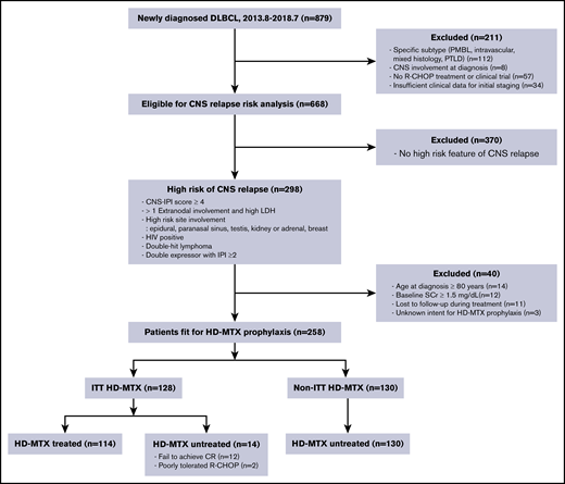 Consort flow diagram. CR, complete remission; PMBL, primary mediastinal B-cell lymphoma; PTLD, posttransplant lymphoproliferative disorder; SCr, serum creatinine; 2013.8-2018.7, August 2013 to July 2018.