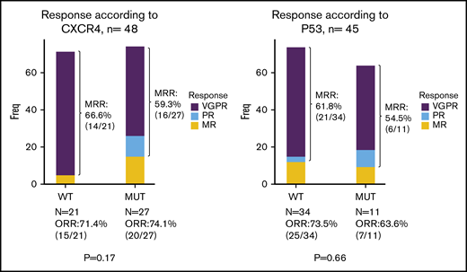 Best responses according to CXCR4 (left panel) and TP53 (right panel) mutational status (n = 49 and n = 45, respectively).