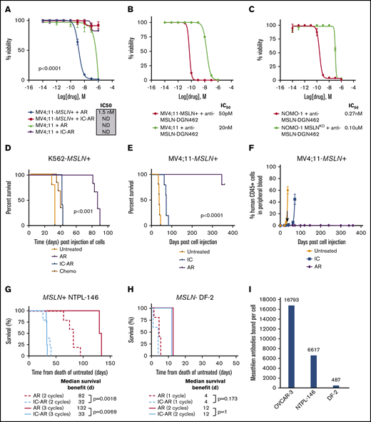 In vitro and in vivo cytotoxicity of MSLN-targeted ADCs in MSLN+leukemia cell lines. (A) In vitro cytotoxicity of AR in MV4;11-MSLN+ cell lines and IC50 values. Controls are IC-AR and treatment of the parental (MSLN−) lines. In vitro cytotoxicity of the ADC anti-MSLN–DGN462 with an indolino-benzodiazepine dimer payload in MV4;11-MSLN+ and MV4;11 parental cells (B) and Nomo-1 parental cells and Nomo-1–MSLNKO cells (C). (D) Kaplan-Meier survival plots of K562-MSLN+ cell–xenografted mice treated with AR compared with IC-AR, chemotherapy (Chemo), and no treatment. (E) Kaplan-Meier survival plots of MV4;11-MSLN+ xenografted mice treated with AR, along with controls: IC-AR (IC) and untreated. (F) PB leukemia burden was assessed in MV4;11-MSLN+ mice by flow cytometry. (G) Treatment of MSLN+ PDX NTPL-146 with AR resulted in a dose-dependent improvement in median survival with respect to untreated mice. Mice treated with AR vs IC-AR for 2 cycles (dashed lines; n = 5 per group) experienced a median survival of 82 days vs 32 days (P = .0018) and mice treated for 3 cycles (solid lines; n = 4 per group) had a median survival of 132 days vs 33 days, respectively (P = .0069; n = 4 per group). (H) Treatment of the MSLN− PDX DF-2 with AR did not demonstrate any target-dependent efficacy compared with untreated IC-AR mice. Mice treated with AR vs IC-AR for 1 cycle (dotted lines; n = 4 per group) experienced an identical median survival of 4 days (P = 1.0) and mice treated for 2 cycles (solid lines; n = 5 per group) had identical median survival of 12 days, respectively (P = .173; n = 4 per group). (I) Quantification of cell surface mesothelin expression using BD Quantibrite, as measured by antibodies bound per cell in the MSLN+ ovarian cancer cell line OCVAR-3 used as positive control and the PDX models NTPL-146 and DF2. ND, IC50 could not be determined with 95% CIs.