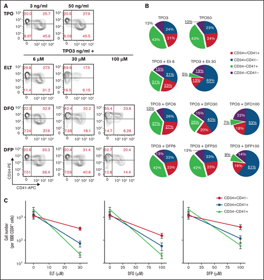 Effects of ELT and iron-chelators on MK differentiation. MK differentiation was analyzed at day 7 of culture, under the same conditions as in Figure 1. (A) Results of a representative experiment showing the flow cytometric analysis of CD34 expression (y-axis, PE) and CD41 expression (x-axis, APC) in cells under the culture conditions shown. (B) Pie charts showing the distribution of cell populations based on CD34 and CD41 surface expression on day 7 of culture with TPO alone or TPO3 plus escalating concentrations of ELT, DFP, or DFO. Values shown represent the means of 6 independent experiments. Underlined values are significantly different from those obtained in cultures with TPO3 alone (P < .05). (C) Absolute cell numbers for each population under the different culture conditions were calculated based on cell counts and percentages obtained on day 7. Although all cell populations decreased in cultures containing high doses of ELT of iron chelators, the effects were more pronounced on cells expressing CD41, indicating MK commitment. Values shown in panels B and C represent the means ± SD of 6 independent experiments.