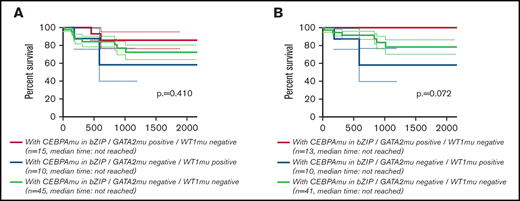Kaplan-Meier survival curves for OS of patients with CEBPAmu in bZIP comparing the 3 genotypes (GATA2 positive/WT1 negative, GATA2 negative/WT1 positive, GATA2 negative/WT1 negative). Kaplan-Meier curves were stratified according to the 3 genotypes: red, GATA2 positive/WT1 negative; blue, GATA2 negative/WT1 positive; and gray, GATA2 negative/WT1 negative. There was no genotype of GATA2 positive/WT1 positive. (A) Kaplan-Meier curve of OS for all patients (among the 3 groups P = .410; GATA2 positive/WT1 negative vs GATA2 negative/WT1 positive, P = .154; GATA2 negative/WT1 positive vs GATA2 negative/WT1 negative, P = .483; GATA2 positive/WT1 negative vs GATA2 negative/WT1 negative, P = .366). (B) Kaplan-Meier curve of OS for patients aged ≤70 years and with intermediate-risk karyotype (among the 3 groups, P = .072; GATA2 positive/WT1 negative vs GATA2 negative/WT1 positive, P = .016; GATA2 negative/WT1 positive vs GATA2 negative/WT1 negative, P = .208; GATA2 positive/WT1 negative vs GATA2 negative/WT1 negative, P = .113).