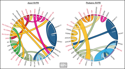 Fusion transcripts in adult and pediatric relapsed AML. Circos plots presenting gene fusion transcripts detected at relapse and in PR samples in adult (left) and pediatric (right) AML cases. Ribbon widths are proportional to the frequency of a fusion event among the respective patient cohort. Fusion transcripts that were gained at relapse or in PR samples are highlighted in red. In addition, one of the RUNX1-RUNX1T1 fusions in pediatric AML was solely detected at relapse. *2.1%; ¤4.3%; fs, frameshift.