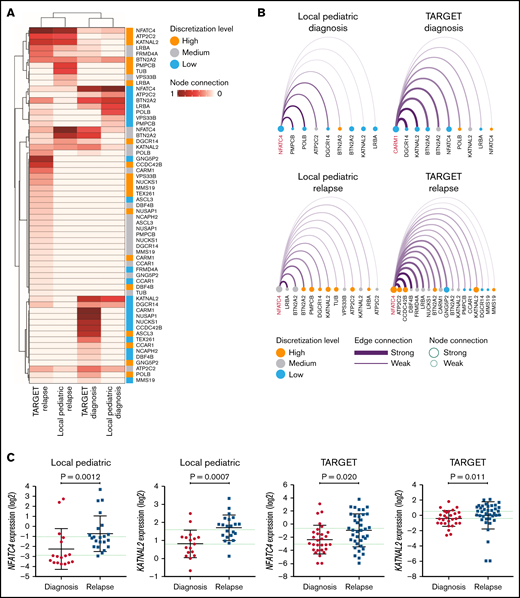 Predictive features for pediatric AML relapse detected through network comparison. (A) Heat map showing clustering of nodes and diagnosis and relapse sample groups from the local pediatric and TARGET cohorts based on their connection strength from networks, with the top 50 nodes pruned from the networks. (B) Arc diagrams representing the topmost connected node gene (highlighted in red; also referred to as a hub) and all of its connections for a given rule-based network. Each arc illustrates a connection between a hub gene and an associated gene, with the connection initially derived from a rule. Nodes are decreasingly sorted from the left by the edge connection value. The full networks are depicted in supplemental Figure 14. (C) Scatter plots with mean and standard deviation illustrating the log2-transformed, TMM-normalized expression values in diagnosis and unpaired relapse samples from the local pediatric and TARGET cohorts for NFATC4 and KATNAL2. The borders of the 3 bins, corresponding to low, medium, and high expression for the respective genes, are indicated by green grid lines. Applied statistical test, Mann-Whitney test. Supplemental Table 10C-D provides details regarding samples included in this figure.