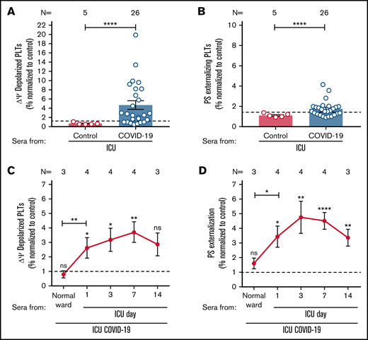 ICU COVID-19 patient serum-induced effects on PLTs during disease. (A-B) ICU COVID-19 (n = 26) or ICU non-COVID-19 control (n = 5) patient serum-induced changes in Δψ as well as PS externalization in wPLTs were analyzed by FC. (C-D) Sera of 4 ICU COVID-19 patients were collected for up to 14 days during hospitalization and analyzed for their ability to induce changes in Δψ as well as PS externalization in wPLTs via FC. Data are presented as mean ± SEM of the measured fold increase (FI) compared with control. The number of patient sera tested is reported in each graph. Dot lines in (A,B) represent the calculated cutoffs determined by testing sera from healthy donors as mean of FI + 2 × SEM. *P < .05, **P < .01, ***P < .001, and ****P < .0001. ns, not significant; FC, flow cytometry; HC, healthy control; Δψ, inner mitochondrial transmembrane potential; N, number of HCs or patients; PS, phosphatidylserine.