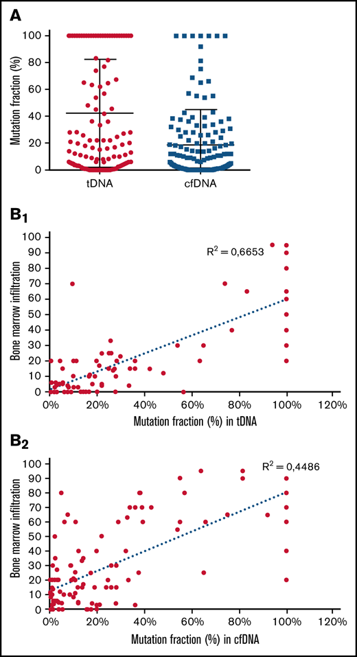 MYD88L265P MAF analysis in 163 patients with IgM monoclonal gammopathies. (A) MAF analysis of 105 tDNA samples and 144 cfDNA samples shows that the MYD88L265P mutation fraction is higher in tDNA compared with cfDNA (P < .01). (B1) Correlation analysis between BM infiltration of all patients and MAF in tDNA samples showed a moderate positive correlation. (B2) Correlation analysis between BM infiltration of all patients and MAF in cfDNA samples showed a low positive correlation.