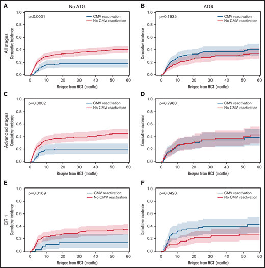 Cumulative relapse incidence depending on CMV reactivation, in vivo T cell depletion and disease stage. (A) Patient cohort without ATG (n = 420). (B) Patient cohort with ATG (n = 267). (C) Advanced disease stages subgroup without ATG (n = 256). (D) Advanced disease stages subgroup with ATG (n = 138). (E) AML in CR1 subgroup without ATG (n = 164). (F) AML in CR1 subgroup with ATG (n = 129). Cumulative incidence function of relapse (60 months censored) depending on CMV reactivation (blue) and absence of CMV reactivation (red). Median (line) with 95% confidence interval (CI) shaded. All P values refer to comparisons of strata with Gray’s test.