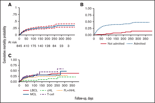 Overall survival for enrolled patients. Kaplan-Meyer curves for overall survival in all enrolled patients (A), and according to admission to the hospital (B), lymphoma histotype (C).
