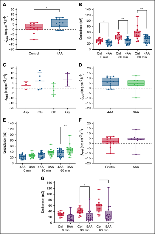 The 4 AA formulation specifically increased iron flux in duodenal epithelial organ cultures in the Ussing chamber. Net 59Fe flux and conductance were quantified in the presence and absence of combinations of AAs. Flux was significantly higher in the 4 AA group as compared with controls (A); *P < .05; n = 12 for control, n = 11 for 4 AA. Conductance was significantly lower initially and after 30 and 60 minutes in the 4 AA group compared with control fluxes (B); *P < .05, **P < .01. Flux was also measured in the presence of single AAs from the 4 AA formulation (n = 3-5) (C). 59Fe flux was then compared between 4 AAs and 3 AAs (excludes Gln) (D); n = 11 for 4 AAs, n = 7 for 3 AAs. Conductance was also measured during 59Fe flux studies with 3 AAs and 4 AAs (E); **P < .01; n = 16 for 3 AAs, n = 18 for 4 AAs. 59Fe flux was also assessed in the presence of 5 AAs that did not increase DMT1 expression in the loop assays. No change was noted when comparing to control samples (F); n = 12 for control and n = 8 for 5 AAs. These 5 AAs also tightened the mucosal barrier (G); *P < .05, **P < .01; n = 16 for control and 5 AAs. 59Fe flux data were analyzed by nonparametric Student’s t test, while conductance data were analyzed by 1-way ANOVA followed by Sidak’s multiple comparison test.