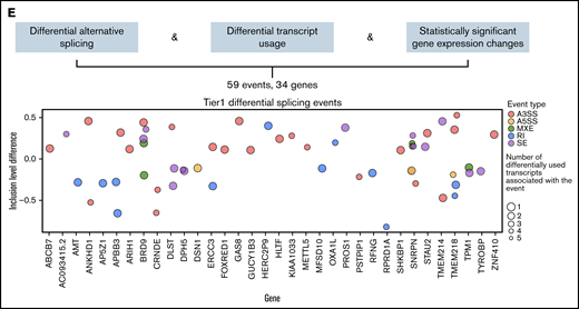 Integrative gene expression, alternative splicing, and transcript usage analyses categorize gene targets of mutant SF3B1. (A) PCA plots based on gene expression of the 3000 most highly variable genes color-coded by SF3B1 mutation status and sign-coded by patient ID. (B) Heatmap showing distance of the indicated iPSC-HSPCs based on pairwise Pearson correlation of their gene expression profiles, color-coded by SF3B1 mutation status and patient ID. (C) PCA plot based on inclusion levels of the differentially spliced events between SF3B1K700E and SF3B1WT iPSC-HSPCs. (D) Scatterplots comparing the mean inclusion levels of the differentially spliced events in SF3B1K700E vs SF3B1WT iPSC-HSPCs with different event types broken down by color, as indicated. (E) Schematic summarizing the integrative analysis used to derive a mutant SF3B1 signature of splicing events and genes and scatterplot showing inclusion level difference of all 59 signature splicing events, corresponding to 34 genes. A positive y axis value indicates that the event is more frequently found in SF3B1K700E vs SF3B1WT cells.