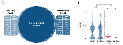 Discordant mutations in BM DNA and cfDNA. (A) Discordant mutations identified in BM DNA and cfDNA. ‡Patient presented 2 mutations detected only in cfDNA; *,†2 patients showing 2 mutations detected only in BM. The 10 remaining discordant alterations were identified in 10 different patients. (B) VAFs identified in concordant (blue) and discordant (pink) mutations in BM DNA and cfDNA. *P ≤ .05; ***P ≤ .001; ns, not significant.