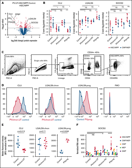 Differentially regulated protein markers in HSC/MPPs of patients with PV and controls. (A) Volcano plot of protein intensity fold changes and P values comparing HSC/MPPs of patients with untreated PV (PV.UT.HSC/MPP) against controls (Control.HSC/MPP). (B) Normalized protein intensities for CLU, LGALS9, and SOCS2 in the subgroups of controls, patients with chronic PV without cytoreductive therapy (PVchron.UT), patients with chronic PV with HU therapy (PVchron.HU), and patients with progressed PV (PVprog). Error bars represent standard deviations. *Adjusted P < .05; **adjusted P < .01; ***adjusted P < .001. Peptide profiles for CLU, LGALS9, and SOCS2 are provided in supplemental Figure 9. (C) FACS strategy. (D) Representative FACS plots for CLU and LGALS9 in a patient with chronic PV without cytoreductive treatment (PVchron.UT), a patient with progressed PV (PVprog), and age- and sex-matched controls. FMO, fluorescence minus 1 reference. (E) Graphical summary of intracellular FACS staining experiments for CLU and LGALS9 in 6 patients with untreated chronic PV, 3 patients with progressed PV, and age- and sex-matched controls. Error bars represent standard deviations. (F) Normalized RNA reads for SOCS2 in the subgroups of controls, patients with chronic PV without cytoreductive therapy (PVchron.UT), patients with chronic PV with HU therapy (PVchron.HU), and patients with progressed PV (PVprog). Error bars represent standard deviations. *Adjusted P < .05; ****adjusted P < .0001.