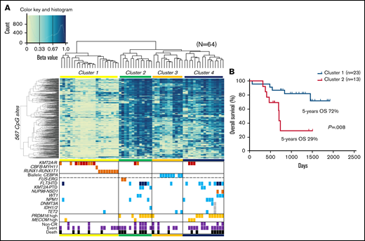 Unsupervised hierarchical clustering of DNA methylation profiles and associations between DNA methylation clusters and additional parameters. (A) Heatmap of the DNA methylation profiles of 64 AMLs based on unsupervised hierarchical clustering. Clustering was based on the 567 CpG sites with the most variable methylation values in the 64 studied cases. Four clusters were generated: 1, 2, 3, and 4. DNA methylation levels were classified into 3 groups according to their β value: hypermethylation (≥0.67), intermediate methylation (0.34-0.66), and hypomethylation (≤0.33), respectively. Light blue, orange, and dark orange indicate the presence of the specified mutation, high gene expression, and chromosomal aberration, respectively. Brown indicates KMT2A-MLLT3 fusion, and dark blue indicates FLT3-ITD with high allele ratio (>0.7). Purple and black indicate non–complete remission (CR) and events and deaths, respectively. (B) Comparison of the Kaplan-Meier curves of OS between clusters 1 and 2. KMT2A-R, KMT2A rearrangement; PTD, partial tandem duplication.