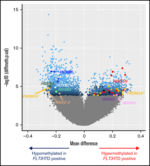 Volcano plot comparing the number of significantly hyper- and hypomethylated probes in patients with FLT3-ITD. Mean methylation differences (x-axis) and negative log10-transformed statistical P values (y-axis) between AML with and without FLT3-ITD are shown in the volcano plot. Methylation levels of the 2501 CpG sites were significantly different between the groups at false discovery rate–adjusted P values <.05, which are represented in blue. Dots in other colors correspond to various genes as follows: brown, NKX2-3; white, HOXB2; aquamarine, HOXB4; green, HOXB5; cyan, HOXB6; black, FLT3; red, HIST1H genes (including HIST1H2AE, HIST1H2AJ, HIST1H2BG, HIST1H2BI, HIST1H3E, and HIST1H3J); orange, PRDM16; purple, HOXB3; and pink, HOXA4. Among the 12 dots of PRDM16, 1 CpG site appeared on the hypomethylation side located near the TSS of PRDM16. In contrast, the remaining 11 CpG sites appeared on the hypermethylation side located in the PRDM16 gene body.