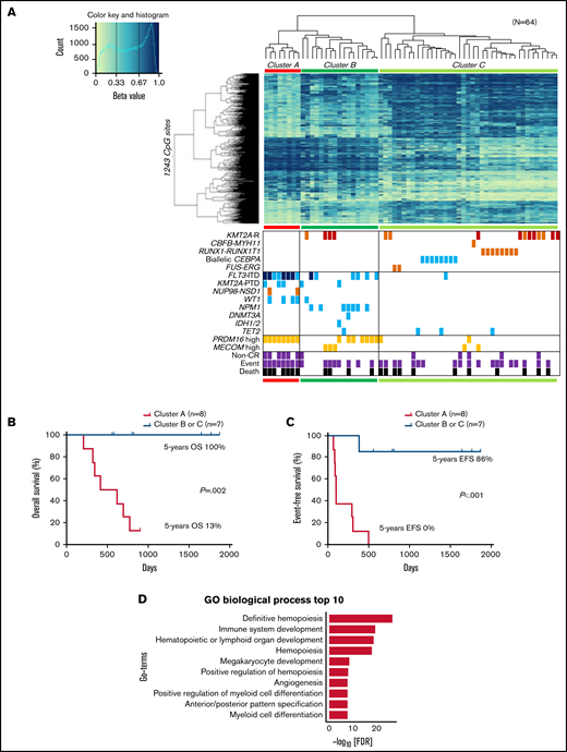 Clustering of DNA methylation profiles according to FLT3-ITD. (A) hierarchical clustering analysis with the methylation levels of the 1243 CpG sites with methylation differences of ≥20% generated 3 clusters (A, B, and C), and associations of the DNA methylation cluster according to FLT3-ITD status with mutations, expression levels, cytogenetic features, and outcomes in pediatric patients with AML. DNA methylation levels were classified into 3 groups according to their β value: hypermethylation (≥0.67), intermediate methylation (0.34-0.66), and hypomethylation (≤0.33), respectively. Light blue, orange, and dark orange indicate presence of the specified mutation, high gene expression, and chromosomal aberration, respectively. Brown indicates KMT2A-MLLT3 fusion, and dark blue indicates FLT3-ITD with high allele ratio (>0.7). Gray and black indicate non–complete remission (CR) and events and deaths, respectively. (B-C) Comparison of the Kaplan-Meier curves of OS (B) and EFS (C) between clusters A and B or C of panel A in 15 patients with FLT3-ITD. (D) Gene ontology (GO) biologic process for the top 1243 CpG-related 1481 genes. FDR, false discovery rate; GO, gene ontology; KMT2A-R, KMT2A rearrangement; PTD, partial tandem duplication.