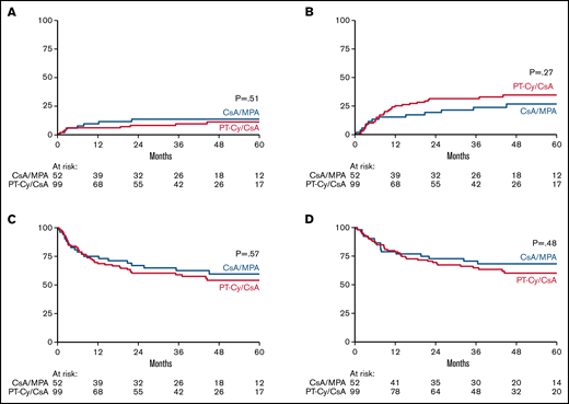 Non-relapse mortality (NRM), relapse/progression, progression-free survival (PFS) and overall survival (OS). Cumulative incidence of NRM (A) and relapse/progression (B). Kaplan Meier estimates of PFS (C) and OS (D) CsA denotes cyclosporine A, MPA mycophenolic acid, and PT-Cy posttransplant cyclophosphamide.