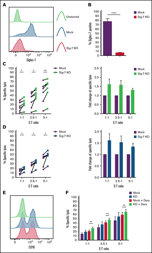 Targeted knockout of Siglec-7 using CRISPR/Cas9 enhances NK cell–mediated cytotoxicity toward Siglec-7L+/CD38+ MM cell lines. Siglec-7 was targeted for KO using the CRISPR/Cas9 system and the MaxCyte GT transfection system. NK cells were isolated and expanded from peripheral blood of healthy donors for 10 to 14 days prior to transfection. Cytotoxicity assays using CRISPR/Cas9-targeted NK cell were carried out 6 to 9 days after transfection. Siglec-7 KO was determined using flow cytometry, and efficiency was analyzed and displayed as a histogram (A) representative of n = 1 Siglec-7 KO readout on viable NK cells and bar graphs (B) of mock electroporated and CRISPR-targeted NK cells representing complete KO of Siglec-7 in n = 7 donors. Functionality of Siglec-7 KO NK cells was measured in cytotoxicity assays against the Siglec-7L+ MM cell lines H929 (C) and JJN3 (D). (E) CD16 expression was recorded on Mock and Siglec-7KO NK cells using flow cytometry. (F) Mock and Siglec-7KO NK cells were cocultured with Dara-treated CD38+ MM1S MM cells in cytotoxicity assays. Cytox assays were carried out for 4 hours; graphs represent mean specific lysis + SEM. n = 7 biological replicates (B-C); n = 6 (F). (B-D) Data analyzed using Student’s paired t-test; (F) data analyzed using one-way ANOVA. (C-D) Data represent individual values recorded in n = 7 biological replicates and fold change in specific lysis by both mock and Siglec-7KO NK cells. *P < .05; **P < .01; ****P < .0001.