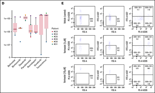 Variable drug sensitivity in leukemic cells from individual patients with SS. (A) Schematic representation of the protocol used for the in vitro drug screening. (B) Representative results obtained from patient #30. (C) Graphs representing the dose–response analysis of different SS patients treated as indicated. (D) Bar plots showing the high variation in the response of individual patients to specific compounds. (E) FC analysis of cells from patient #30 treated as indicated.