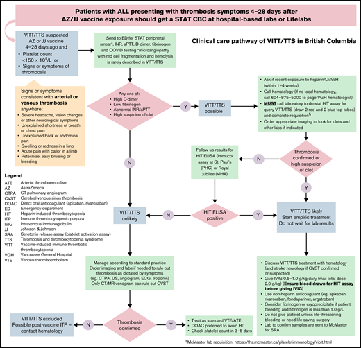 Clinical care pathway for investigating suspected vaccine-induced immune thrombotic thrombocytopenia (VITT). All patients presenting to a health care setting with symptoms suspicious of thrombosis within 4 to 28 days after ChAdOx1 nCoV-19 vaccination were sent to the laboratory for a stat complete blood count (CBC). The patient was directed to the emergency department if VITT was suspected because of thrombocytopenia (platelets <150 000/mm3) or if thrombosis symptoms warranted further investigations. Stat CBC, blood film, INR, aPTT, d-dimer, fibrinogen, and COVID-19 testing were done. Patients who had normal results were managed according to standard practice. If any of these results were abnormal or if the emergency physician had a high suspicion of thrombosis, VITT was considered possible. This prompted hematology consultation and collection of blood samples for PF4-ELISA testing and imaging for thrombosis. Starting empiric treatment with IVIG and nonheparin anticoagulant was discussed with hematology and stroke neurology if cerebral venous thrombosis was confirmed or suspected. Samples were sent to the McMaster Platelet Immunology Laboratory in Hamilton, ON, Canada, for confirmation of platelet-activating PF4 antibodies. aPTT, activated partial thromboplastin time; ELISA, enzyme-linked immunosorbent assay; INR, international normalized ratio; PF4, platelet factor 4.