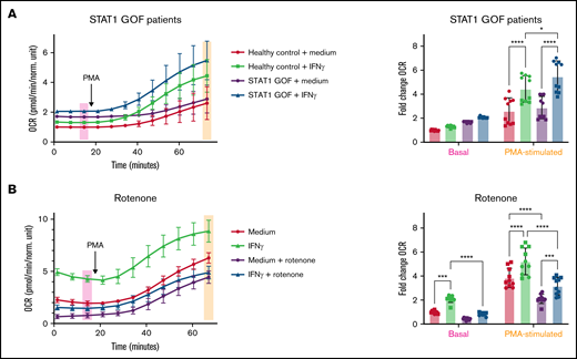 STAT1 is required for IFNγ-induced oxygen consumption and regulates oxygen consumption via mitochondrial complex I. (A) OCR measured by Seahorse in primary human monocytes treated with media alone or IFNγ for 24 hours prior to the start of the assay (n = 5 technical replicates). (A) Primary monocytes from 2 healthy controls and 2 STAT1 GOF patients are represented in the composite tracing from 2 independent experiments with values normalized to the unstimulated healthy control samples run in the same experiment. (B) Primary monocytes from a healthy control were stimulated with media alone or IFNγ with or without rotenone (10 μM) treatment throughout stimulation. Data are representative of 3 independent experiments and summarized in the bar graphs with basal and PMA-stimulated OCR values normalized to the healthy control unstimulated samples run in the same experiment. Basal and PMA-stimulated OCR values from respective experiments are summarized in bar graphs, and data were analyzed by 2-way ANOVA with Sidak’s multiple comparisons test. Error bars are mean ± standard error of the mean. *P < .05, **P < .01, ***P < .001, ****P < .0001.
