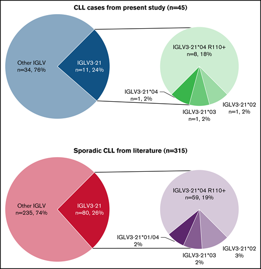 Proportion of IGLV3-21 gene and allele usage, and R110 mutation in lambda-expressing CLL. (A) Results of the present cohort of 45 familial lymphoproliferative disorder cases (41 familial CLL, 4 families with CLL and another B-cell malignancy including 2 Hodgkin lymphoma, 1 follicular lymphoma, 1 nonspecified non-Hodgkin lymphoma). (B) Results from public datasets (pooled data from supplemental material published elsewhere8,9).
