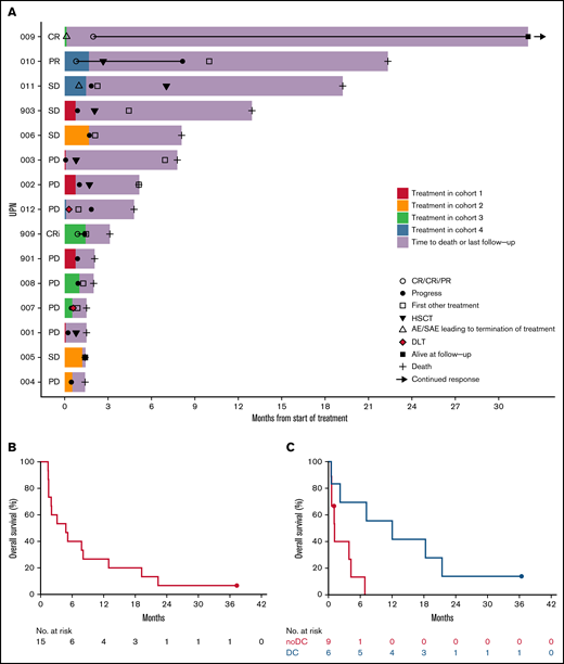 Antileukemic efficacy of F16IL2 and BI 836858 combination therapy. (A) Swimmer plot of individual treatment courses and outcome in all 15 patients. Cohort assignment is color coded and AEs, SAEs, or DLTs leading to treatment termination are indicated. Antileukemic activity was mainly observed in the 2 highest DLs. (B) Kaplan-Meier estimates of OS of all 15 patients treated in the study. Median OS was 4.8 (interquartile range, 1.5-12.9) months, with a 6- and 12-month OS of 40% and 27%, respectively. (C) Simon-Makuch estimates of OS by response with a 28-day landmark (end of C1), using response as a time-dependent covariable. Among those 7 patients in whom AML was at least temporarily controlled with study treatment, median OS was 12.0 months (vs 1.2 months in nonresponders), with a 12-month OS of 56% vs 0% (hazard ratio, 0.17; 95% confidence interval, 0.03-0.84; Mantel-Byar test, P = .016). DC, disease control (SD or better).