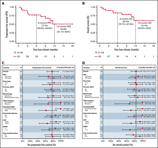 PFS and OS in patients with MCL treated with brexu-cel. PFS (A) and OS for infused patients (B). Forest plot of 6-month PFS (C) and 6-month OS (D) estimation along with 95% CI in key subgroups. ASCT, autologous stem cell transplant.