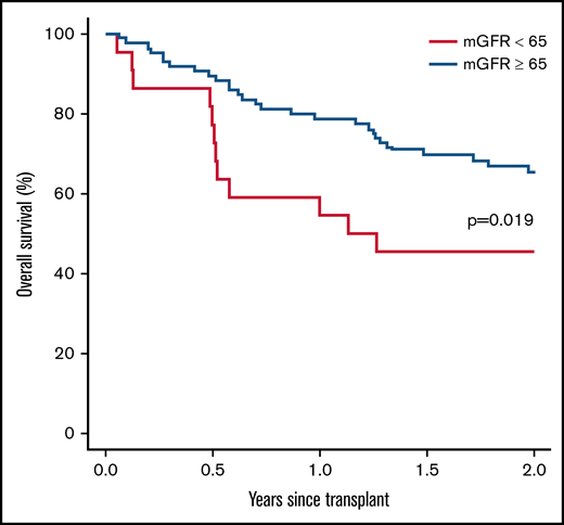 Two-year overall survival between mGFR <65 mL/min/1.73 m2 and mGFR ≥65 mL/min/1.73 m2.