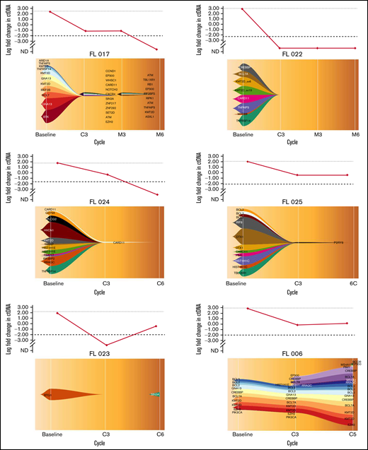 Clonal evolution with the fishplot package in 6 patients. The vertical axis of the upper graph represents the log fold change in ctDNA load. The horizontal axis of both upper graph and fishplot shows the treatment timepoints. The fishplot shows the clonal evolution across the timepoints, with the list of mutated genes detected, represented as descent in the form of parental relationships. Patients FL 017, FL 022, and FL 024 had quantifiable levels of ctDNA that disappeared under treatment. Patients FL 025, DFL023, and FL 006 had quantifiable levels of ctDNA that persisted under treatment. Only patient FL 006 had a clinical and radiological progression of disease detected after cycle 5. Imaging in this patient was performed before end of cycle 6 due to an increase of LDH levels. C, cycle; EoM, end of maintenance; M, maintenance.