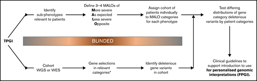 Framework for studies “toward personalized genomic interpretations” (TPGI). MALO: More severe than expected for disease; As expected for disease; Less severe than expected for disease, and Opposite phenotype. *Gene selection by any broadly relevant set of panels such as PanelApp established for 100 000 Genomes Project interpretations50 suggested to include additional categories less relevant to phenotypes (as in current study) to control for methodological biases. Where TPGI demonstrates evidence of relevance across a patient cohort, this supports attention to a subsequent “for personalized genomic interpretations” (FPGI) stage to be developed within mainstream medicine. WES, whole exome sequencing; WGS, whole genome sequencing.