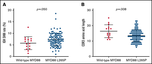 Mutations in MYD88 L265P with IGH segments. (A) MYD88 L265P patients had higher SHM rate than wild-type MYD88 patients. (B) Chart showing CDR3 amino acid lengths in patients with either mutated or wild-type MYD88.