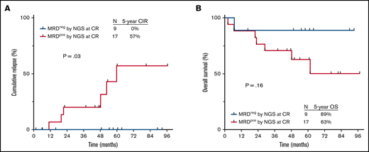 Outcomes by MRD status by NGS at 10−6 sensitivity at the time of CR in nontransplanted patients. (A) Cumulative incidence of relapse and (B) OS. MRDpos, MRD+; MRDneg, MRD−.