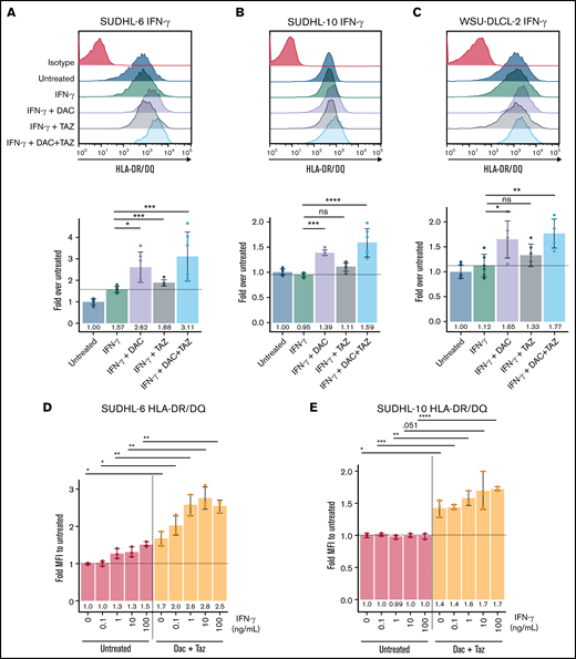 Decitabine upregulated HLA class II molecules in DLBCL cell lines. (A-C) Cells were treated with 125 nM decitabine or 1 μM tazemetostat along with 100 ng/mL IFN-γ for SUDHL-6, SUDHL-10, and WSU-DLCL-2 cell lines and were assayed for expression of HLA-DR/DQ. Mean ± SD is shown for 3 technical replicates per 2 biological replicates. (D-E) Serial dilutions of IFN-γ were performed in the presence or absence of decitabine and tazemetostat for SUDHL-6 and SUDHL-10 cell lines. Mean ± SD is shown for 3 individual replicates. *P < .05; **P < .01; ***P < .001; ****P < .0001.