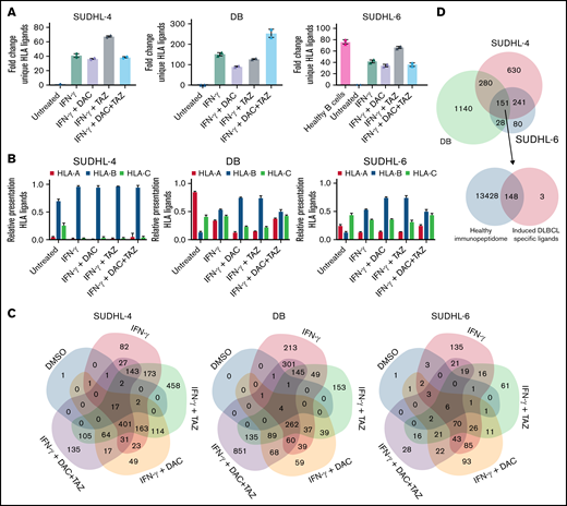 Epigenetic drug treatment in the presence of IFN-γ unmasked the immunopeptidome of DLBCL cell lines. (A) Cells were treated with 125 nM decitabine, 1 μM tazemetostat or the combination of both in the presence of 100 ng/mL IFN-γ. Fold change of unique identifications of HLA ligands relative to untreated cells is depicted. Error bars indicate mean plus range. Experiments were performed in duplicates. (B) Relative distribution of HLA alleles after assignment to their respective alleles through NetMHCpan 4.0. (C) Overlap analysis of all peptides by cell line and respective treatment condition. (D) Overlap of source proteins for HLA ligands shared between the SUDHL-4, DB, and SUDHL-6 cell lines (top). Overlap of 151 source proteins from overlap at the top were matched with 13 428 source proteins of the HLA class I ligandome from healthy donors as published by Marcu et al.50