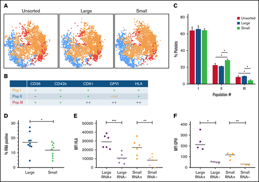 Population analysis of platelet surface markers on the size-separated platelet fractions. Isolated, size-separated platelets were stained for CD36, CD42b, CD61, GPVI, and HLA for 15 minutes before fixation, and 10 000 events were recorded per sample. Clustering tool (FlowSOM) and dimensionality reduction algorithm were used to analyze and visualize these multicolor flow cytometry data. (A) Representative dimensionality reduction algorithm plots with a FlowSOM populations filter for the different platelet fractions. (B) Characterization of the FlowSOM clusters (3 populations; I-III). (C) Distribution profile of platelet populations resulting from FlowSOM analysis for the different platelet size fractions. (D) The proportion of RNA-positive platelets was determined by T-oligonucleotides in separated large and small platelets. (E) Correlation of RNA-content and HLA-I expression was determined by costaining using T-oligonucleotides and HLA-A,B,C-antibody in separated large and small platelets. (F) Relation between RNA content and GPVI expression. Mean ± standard error of mean; n ≥ 4. *P < .05, **P < .01. MFI, mean fluorescence intensity.