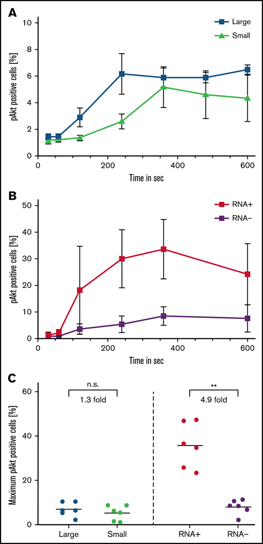 Signal transduction is carried by RNA-positive platelets. Signal transduction was determined by the percentage of pAKT-AF488–positive cells after stimulation with 5 µg/mL (final) collagen in large and small platelets (A) and RNA-positive and RNA-negative platelets (B) as determined by costaining with T-oligonucleotides and pAKT-AF488 antibody. (C) Maximum pAKT-AF488 positive large and small as well as RNA-positive and RNA-negative platelets after stimulation with 5 µg/mL (final) collagen. Mean ± standard error of mean; n ≥ 4. **P < .01. pAKT, phosphorylated AKT; n.s., not significant.