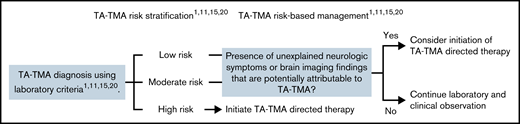 A modified TA-TMA management algorithm that incorporates CNS manifestations of TA-TMA in treatment decisions. As previously published, low risk TA-TMA is limited to laboratory evidence of intravascular hemolysis without end organ injury or increased terminal complement activation.1,11,15,20 Moderate risk TA-TMA is defined as the presence of either a random urine protein creatinine ratio >2 mg/mg or an elevated plasma sC5b-9 level (terminal complement, normal range <244 ng/mL).1,11,15,20,53 High-risk TA-TMA includes patients with both of these laboratory abnormalities as well as patients with TA-TMA diagnosed on tissue biopsy.1,11,15,20 We propose the inclusion of neurologic symptoms or brain imaging findings potentially attributable to TA-TMA into the treatment decision process, as these patients may have CNS TA-TMA and early initiation of complement inhibitors may limit morbidity from TA-TMA–mediated brain injury.