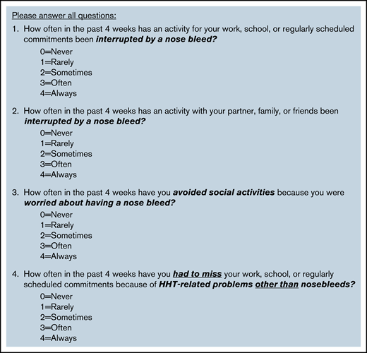 HHT: QoL final instrument. The total score is calculated by summing the items (each scored from 0 to 4). The total score ranges from 0 (no limitations) to 16 (severe limitations). If any items are missing, the total score is not calculated.