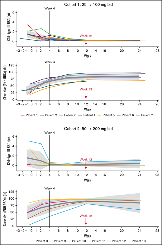 Effect of iptacopan on C3d deposition and PNH clones (type II+III) (pharmacodynamic analysis set). bid, twice daily.
