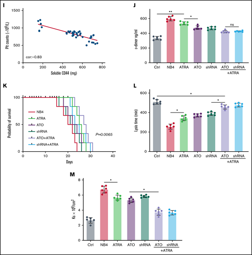 CD44 participates in hemorrhage in mice with APL. (A) The outline depicts the steps of the animal experiments. (B) On day 28, the hearts, livers, spleens, and lungs of APL model mice were extracted. The expression of PML-RARA was measured. ImageJ was used to calculate the gray value. (C) Soluble CD44 levels of APL mouse models treated as described above were measured by ELISA. (D) On day 21, fibrinogen levels in the different groups of mice were evaluated. (E) Pearson correlation between the fibrinogen level and soluble CD44 concentration at day 21. (F-G) Bleeding time was recorded, and the Pearson correlation between bleeding time and soluble CD44 concentration was measured, respectively. (H-I) Platelet (Plt) counts were measured, and the correlation between the number of platelets and plasma CD44 concentration was analyzed. (J) d-dimer levels were tested before the mice underwent bleeding time assays. (K) The survival curve and median survival time (days) of transplantation of bare or CD44 knockdown NB4 cells with/without ATRA/ATO treatment. (L-M) The measurement of clot lysis time and Ks number were performed as previously described. Statistical significance was calculated by using the log-rank test and nonparametric, unpaired, two-tailed, Mann-Whitney test. *P < .05, **P < .01, #P < .05 vs the data in ATO + shRNA group in panel F. Ctrl, control; ns, not significant.