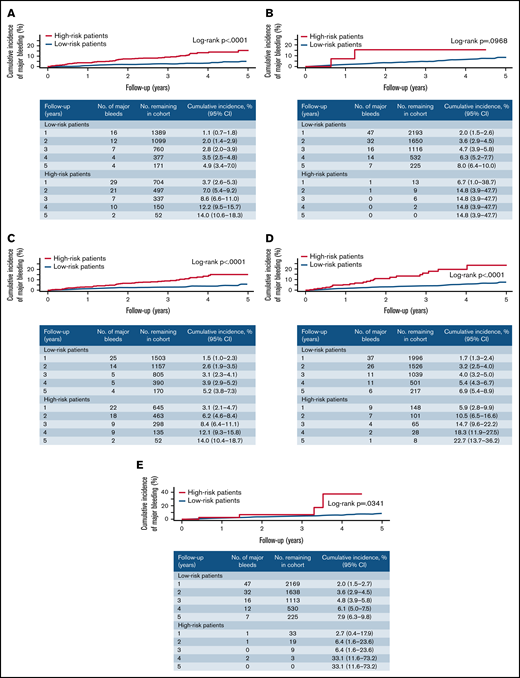 Cumulative incidence of major bleeding in patients classified as high- and non–high-risk according to existing prediction scores. (A) Modified ACCP score. (B) Modified RIETE score. (C) Modified VTE-BLEED score. (D) Modified HAS-BLED score. (E) Modified OBRI score.
