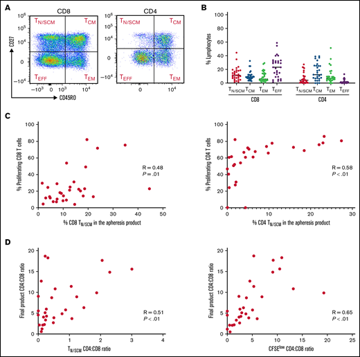 Intrinsic characteristics of apheresed T cells and quality of the CAR T-cell product. (A) Representative staining of naïve/stem cell memory (TN/SCM; CD45RO− CD27+), central memory (TCM; CD45RO+CD27+), effector memory (TEM; CD45RO+CD27−), and effector (TEFF; CD45RO−CD27−) CD8 and CD4 subsets in apheresed T lymphocytes. (B) Distribution of TN/SCM, TCM, TEM, and TEFF CD8 and CD4 T cells in apheresed T lymphocytes from 30 patients treated with tisa-cel. Bars represent the median. (C) Correlation between the naïve/stem cell memory phenotype and in vitro proliferative capacity (proportion of CFSElow cells) of apheresed CD8 (left panel) and CD4 (right panel) T cells. (D) The CD4/CD8 T-cell ratio in the final product correlates with the ratio of CD4 TN/SCM to CD8 TN/SCM cells in the apheresis (left) and the ratio of CFSElow CD4 to CD8 T cells (right). Pearson correlation test. ρ coefficient (R) and P values are indicated.