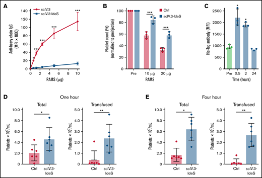IdeS-IV.3–treated platelets have increased survival in murine models of ITP. (A) Mouse platelets expressing FcγRIIA were treated in vitro with scIV.3 or scIV.3-IdeS and then incubated with increasing concentrations of RAMS, and full-length platelet-bound IgG was measured (n = 3). (B) Mice expressing human Fc receptors were treated with control or IV.3-IdeS (10 μg) and then injected with 10 or 20 μg of RAMS. Platelet counts were performed 24 hours after RAMS injection and were normalized to pre-IgG injection (pre) measurements. (C) The amount of surface-bound His-tagged scIV.3-IdeS on mouse platelets was quantified by flow cytometry 0.5, 2, and 24 hours after IV.3-IdeS treatment. CFSE-labeled mouse platelets expressing FcγRIIA were treated with scIV.3-IdeS or control and transfused into mice that were injected with RAMS 24 hours before transfusion. (D-E) The total and transfused platelet counts were measured using a Cytek Aurora flow cytometer at 1 (D) and 4 hours (E) posttransfusion (data represent mean ± standard deviation; 1-way analysis of variance). *P < .05, **P < .01, ***P < .001. MFI, median fluorescence intensity.