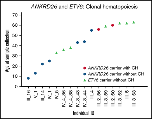 Clonal hematopoiesis in ANKRD26 or ETV6 germline mutation carriers. One individual with a germline ANKRD26 mutation (5′ UTR, c.-118C>T, NM_014915.2) had a CH clone driven by SF3B1 p.Lys700Glu in 2 samples collected at the ages of 56 and 60.