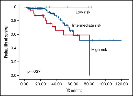 OS according to RR6 model. Overall survival according to RR6 model (low risk, green; intermediate risk, blue; high risk, red).
