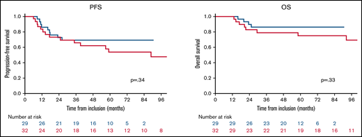 Comparison of outcomes between the rdWBRT cohort (blue curve) and WBRT cohort in the PRECIS trial (red curve).