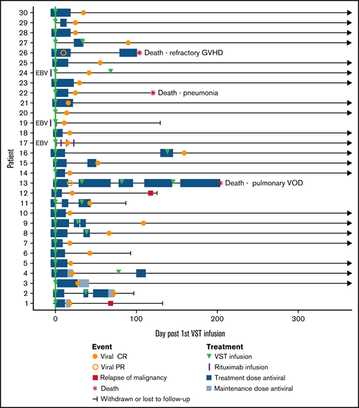 Composite swimmer plot showing the clinical course of patients over the 12 months after VST infusion. Patients appear in order of recruitment on the y-axis. Patients treated for EBV infection are noted (n = 3); all others were treated for CMV infection (n = 27). All patients received the first VST infusion at day 0 (green line), and their subsequent clinical courses are illustrated. Antiviral treatment is shown before and after infusion: blue boxes (CMV therapy) and purple vertical lines (rituximab doses for EBV).