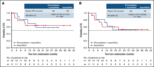 EFS and OS in patients with higher-risk CMML. Kaplan-Meier curve of EFS (A) and Kaplan-Meier curve of OS (B). NE, not estimable.